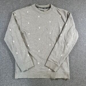 Playboy Mens Large Sweatshirt Heather Gray All Over Bunny Logo Cotton Pullover